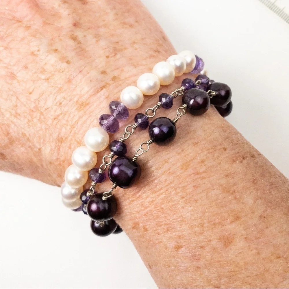 Freshwater Pearls Sterling Bracelet 925 Silver Handcrafted 9-10mm Purple Plum